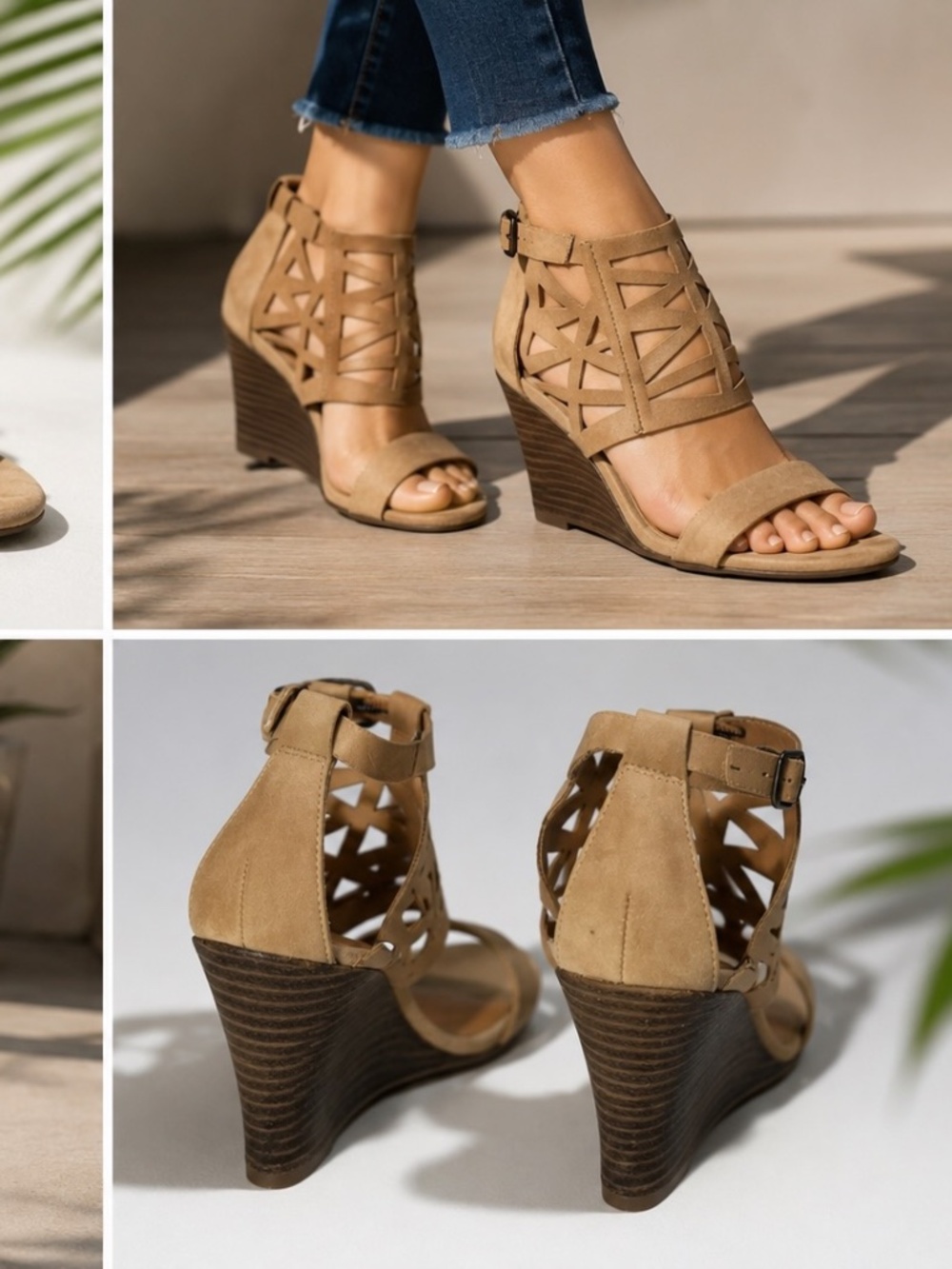 Nine West Heeled Wedge Sandals Womens Size 6 Beige Leather Cut out